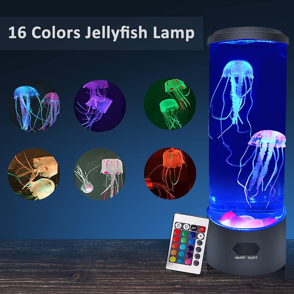 Jellyfish Lava Lamp, Jellyfish Lamp with 16 Color Changing Light, Jellyfish Tank Table Lamp, Jellyfish Aquarium Night Light, Home Office Room Desk Decor Lamp Mood Light for Relax with 8 Luminous Stone