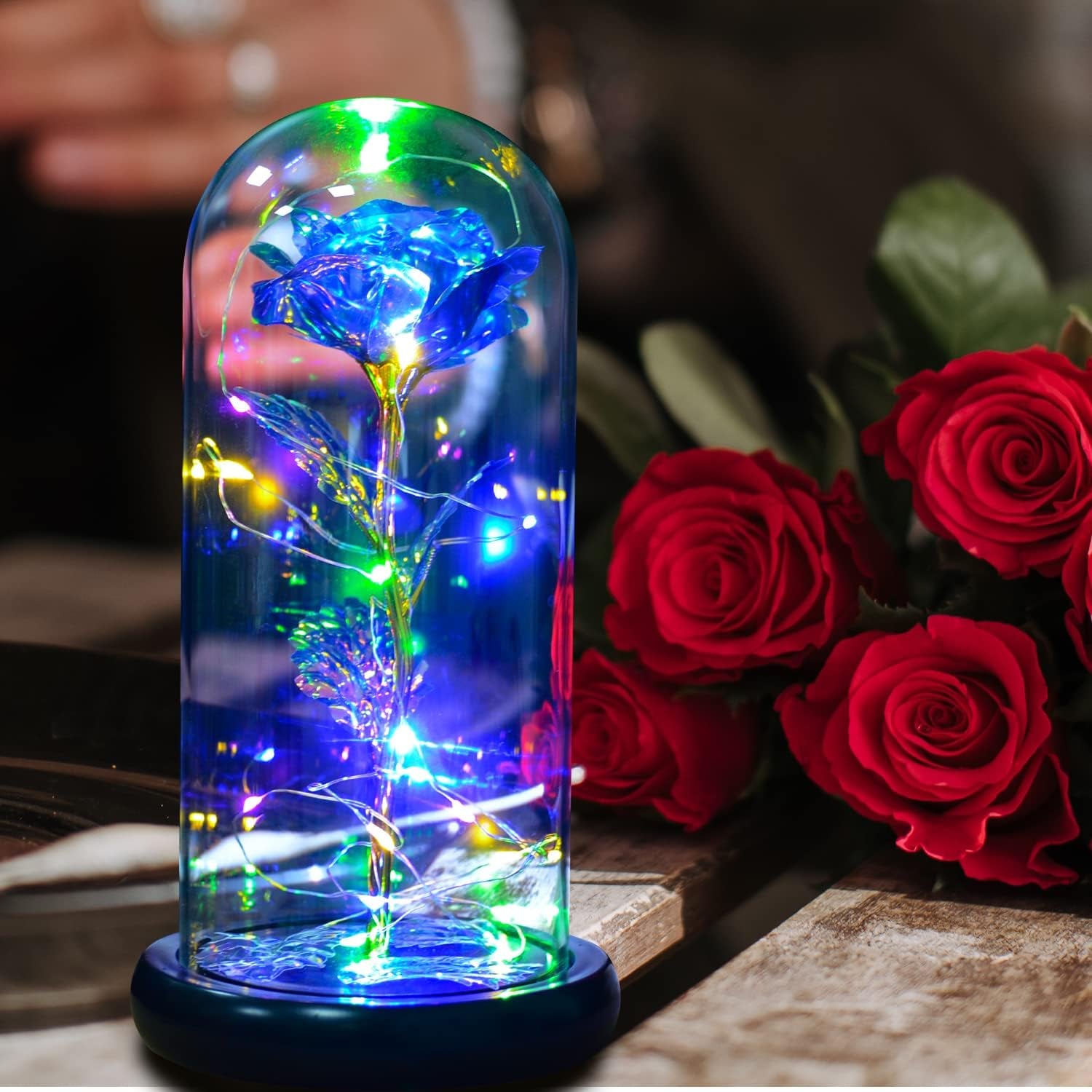 Beauty and Beast Rose,Galaxy Flower Rose Gift for Girlfriend,Glass Flower Roses,Unique Gifts for Women, Christmas, Birthday,Thanksgiving,Anniversary (Blue)