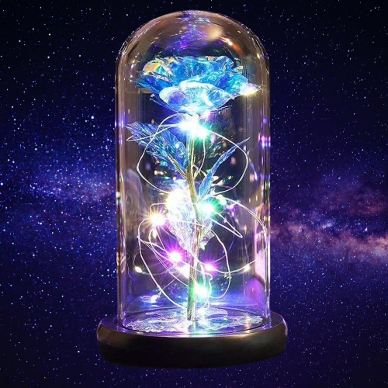 Beauty and Beast Rose,Galaxy Flower Rose Gift for Girlfriend,Glass Flower Roses,Unique Gifts for Women, Christmas, Birthday,Thanksgiving,Anniversary (Blue)