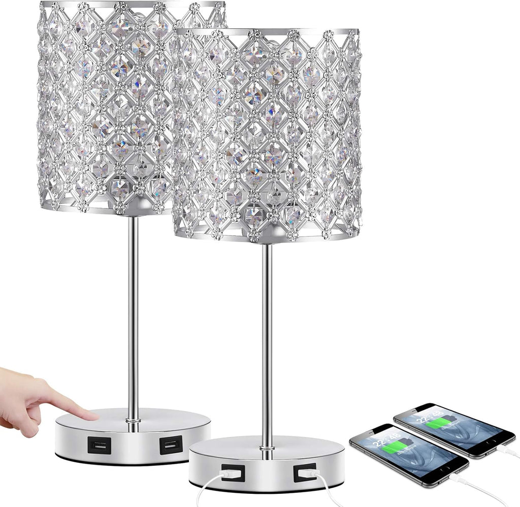 Set of 2 Touch Table Lamp, Sliver Crystal Lamp Set of 2, 3 Way Dimmable Bedside Lamps with Dual USB Ports, Nightstand Lamps for Bedrooms Desk Light for Girl Room, Living Room(Included 2 Bulbs)…