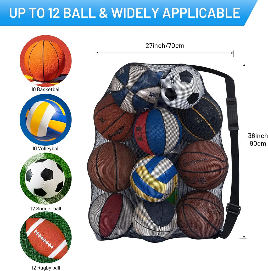 Heavy Duty Football Net Bag (10-12 Balls) Basketball Tennis Bag for Coaches Football Ball Bag Net Extra Large Mesh Drawstring Bag (Bar Strap No Pocket, 2)
