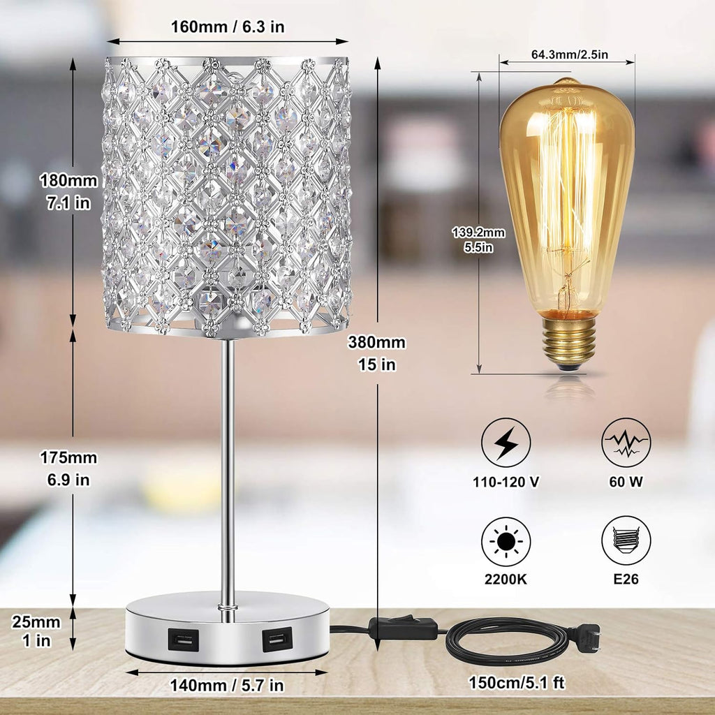 Set of 2 Touch Table Lamp, Sliver Crystal Lamp Set of 2, 3 Way Dimmable Bedside Lamps with Dual USB Ports, Nightstand Lamps for Bedrooms Desk Light for Girl Room, Living Room(Included 2 Bulbs)…